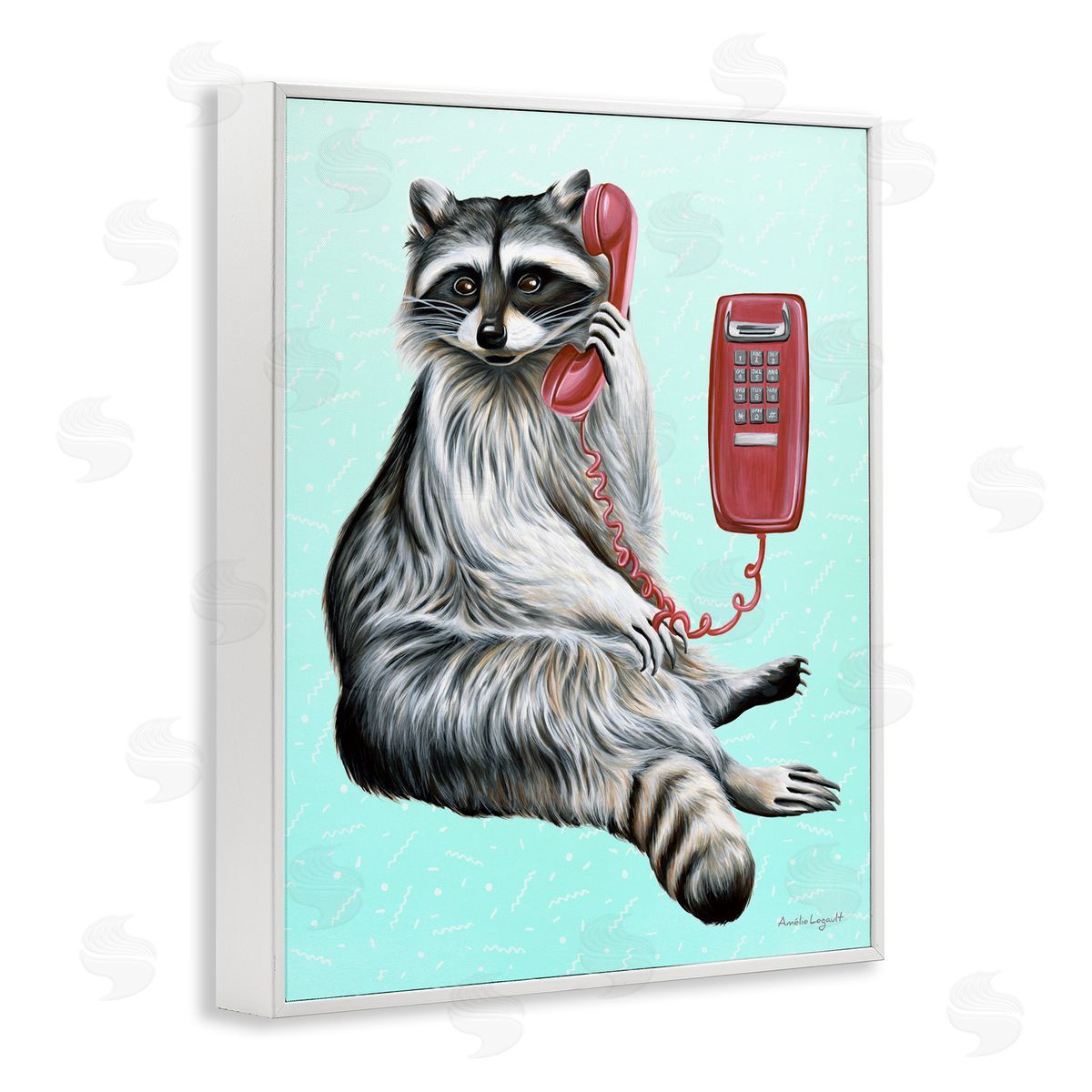 Amelie Legault Raccoon Lounging Cord Phone Vivid Turquoise  White Framed Giclee Wall Art Print