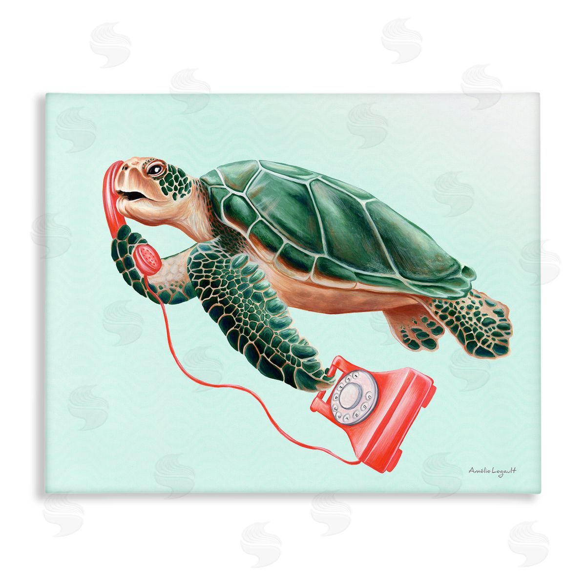 Amelie Legault Green Sea Turtle Swimming Red Rotary Telephone  Stretched Canvas Wall Art Print