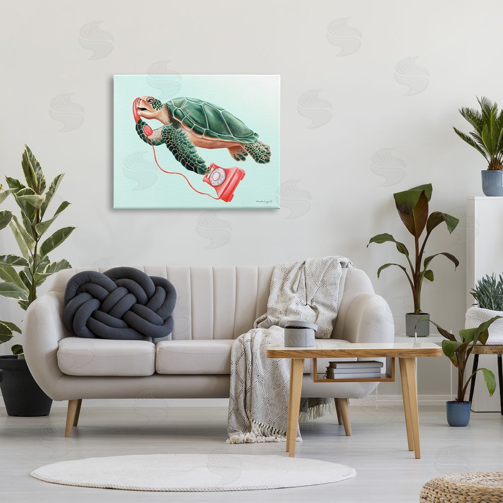 Amelie Legault Green Sea Turtle Swimming Red Rotary Telephone  Canvas Wall Art Print in Room