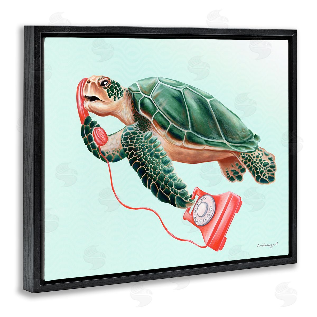 Amelie Legault Green Sea Turtle Swimming Red Rotary Telephone  Black Floating Frame Canvas Wall Art Print