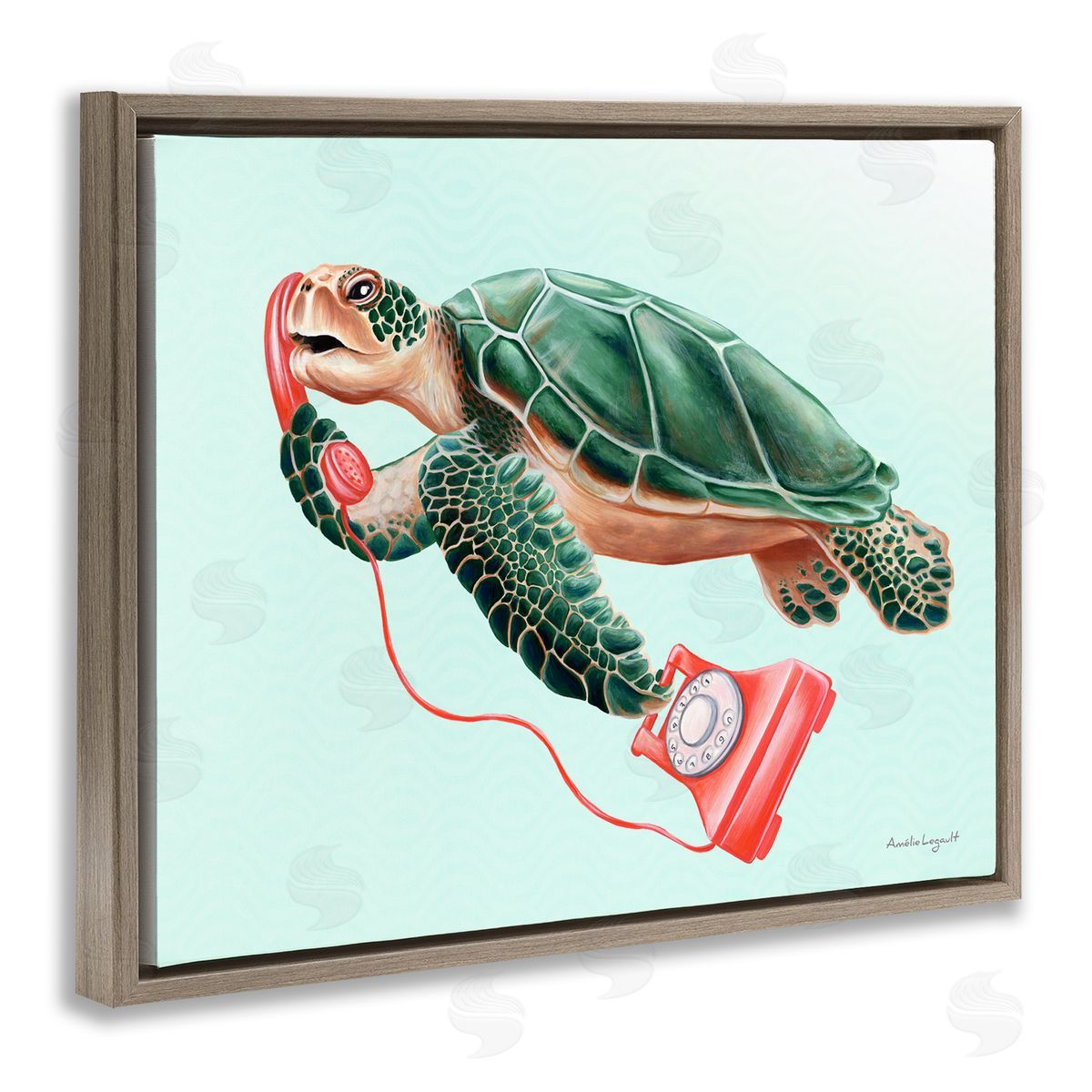 Amelie Legault Green Sea Turtle Swimming Red Rotary Telephone  Brown Floating Frame Canvas Wall Art Print