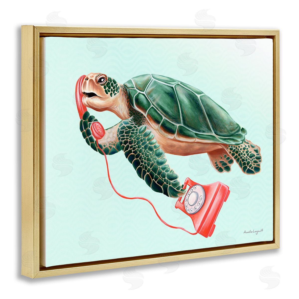Amelie Legault Green Sea Turtle Swimming Red Rotary Telephone  Gold Floating Frame Canvas Wall Art Print