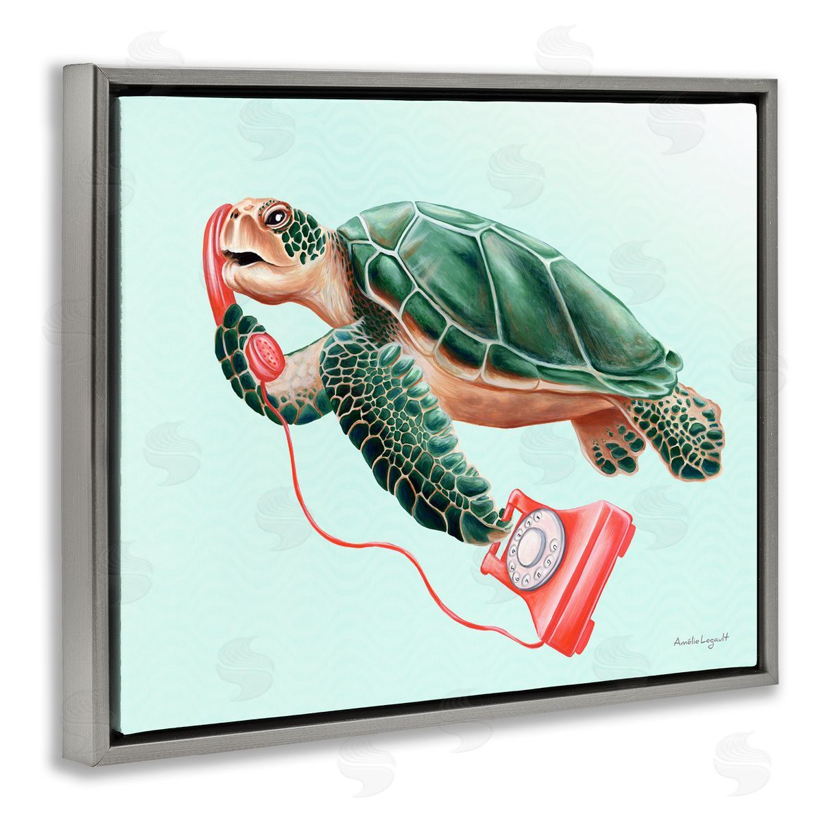 Amelie Legault Green Sea Turtle Swimming Red Rotary Telephone  Gray Floating Frame Canvas Wall Art Print