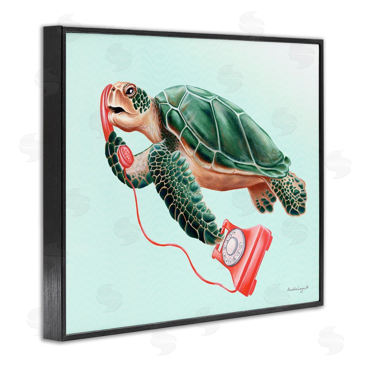 Amelie Legault Green Sea Turtle Swimming Red Rotary Telephone  Black Framed Giclee Wall Art Print