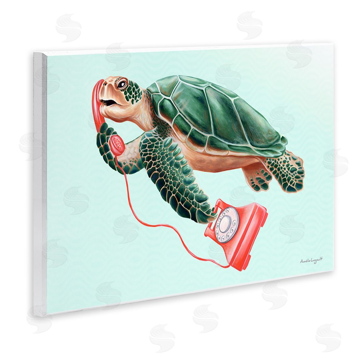 Amelie Legault Green Sea Turtle Swimming Red Rotary Telephone  Wall Plaque Art Print