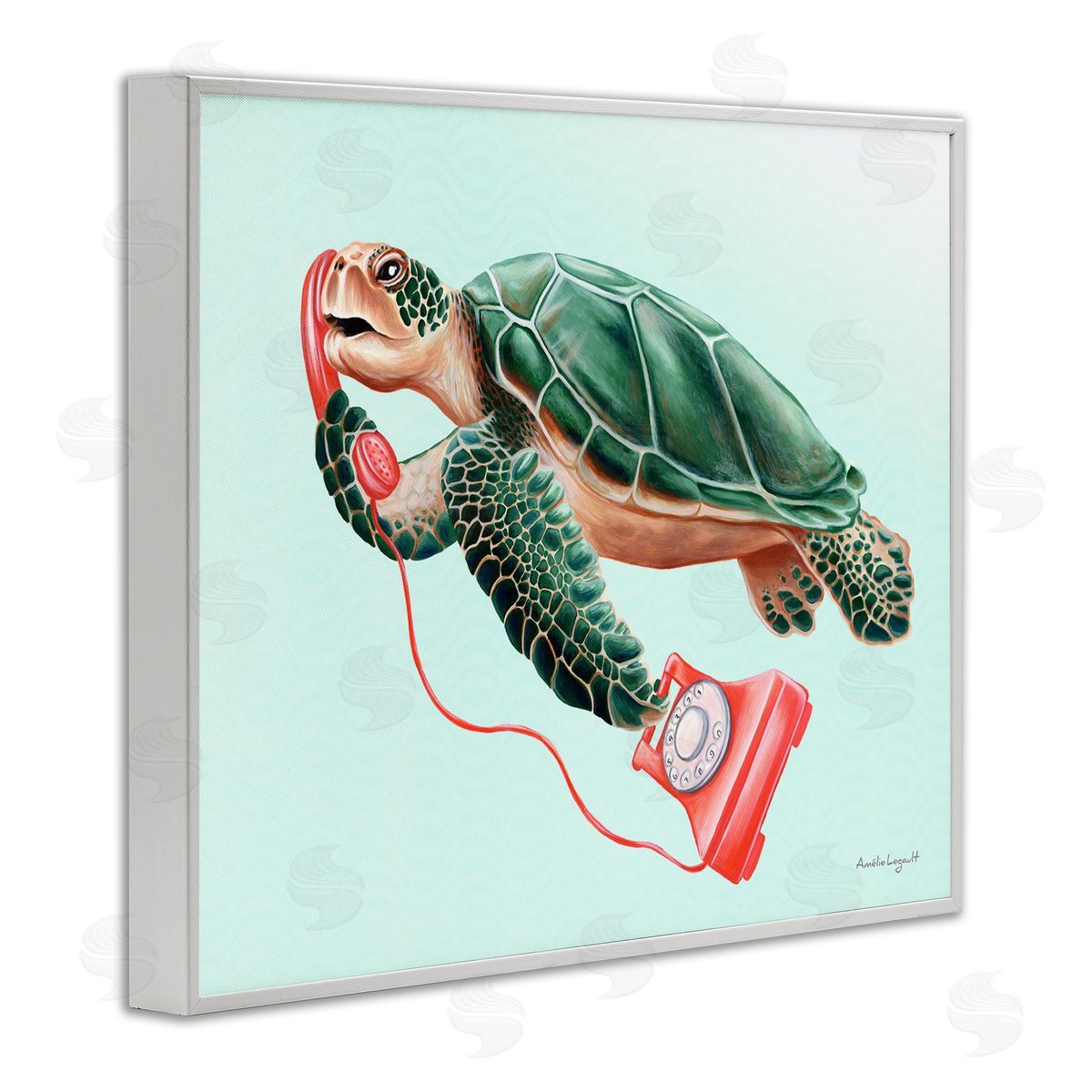 Amelie Legault Green Sea Turtle Swimming Red Rotary Telephone  White Framed Giclee Wall Art Print