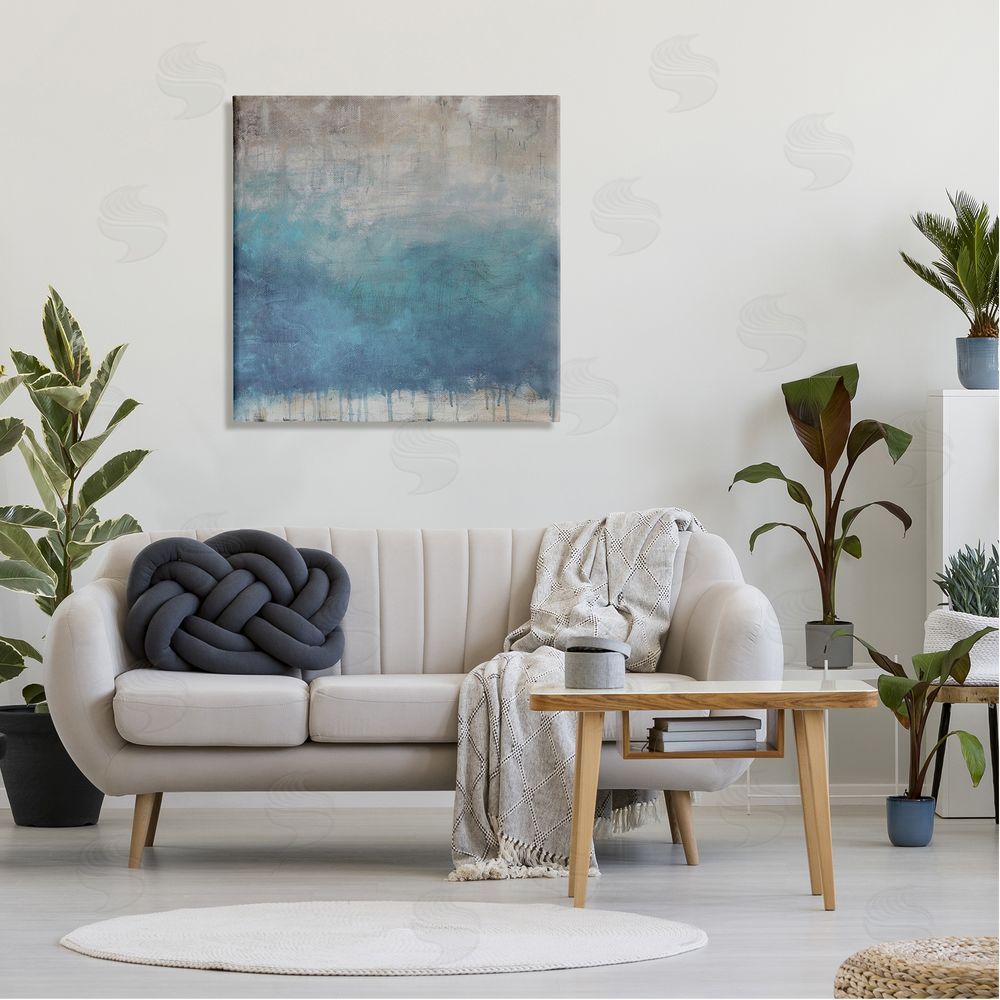 Judi Bagnato Paint Drip Hatched Blue Abstract Modern Ombre Canvas Wall Art in Room