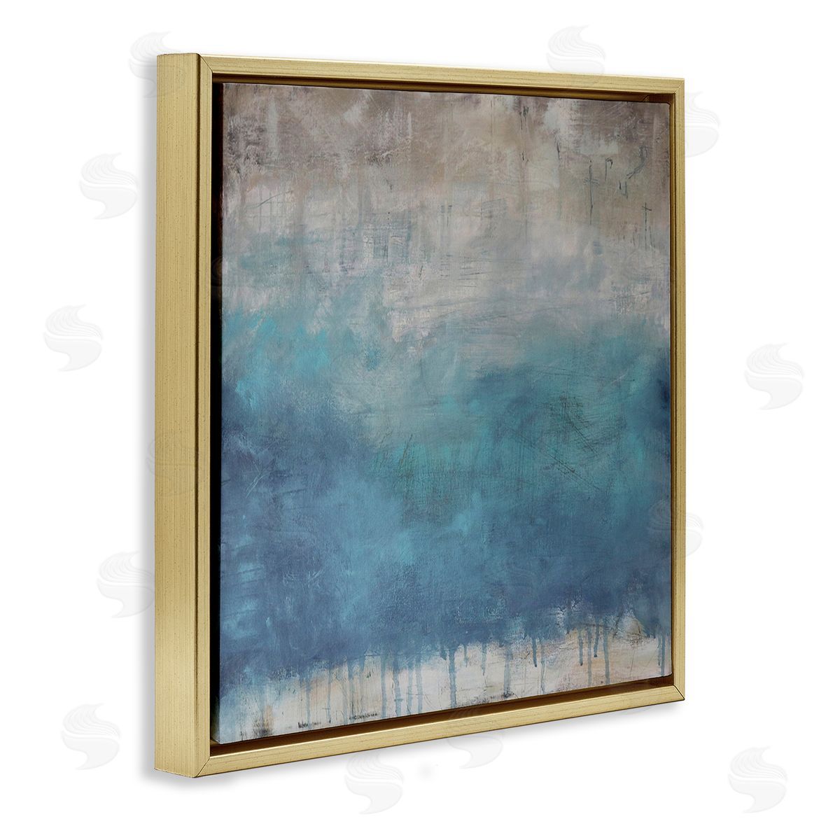 Judi Bagnato Paint Drip Hatched Blue Abstract Modern Ombre Gold Floating Frame Canvas Wall Art Print