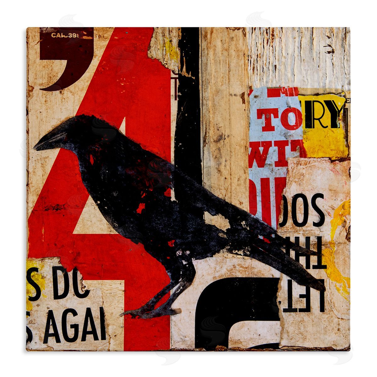 Erin Ashley Stenciled Street Style Black Bird Layered Abstract Words Stretched Canvas Wall Art Print