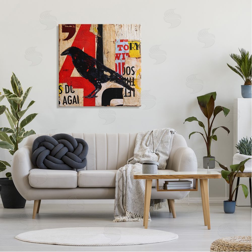 Erin Ashley Stenciled Street Style Black Bird Layered Abstract Words Canvas Wall Art in Room