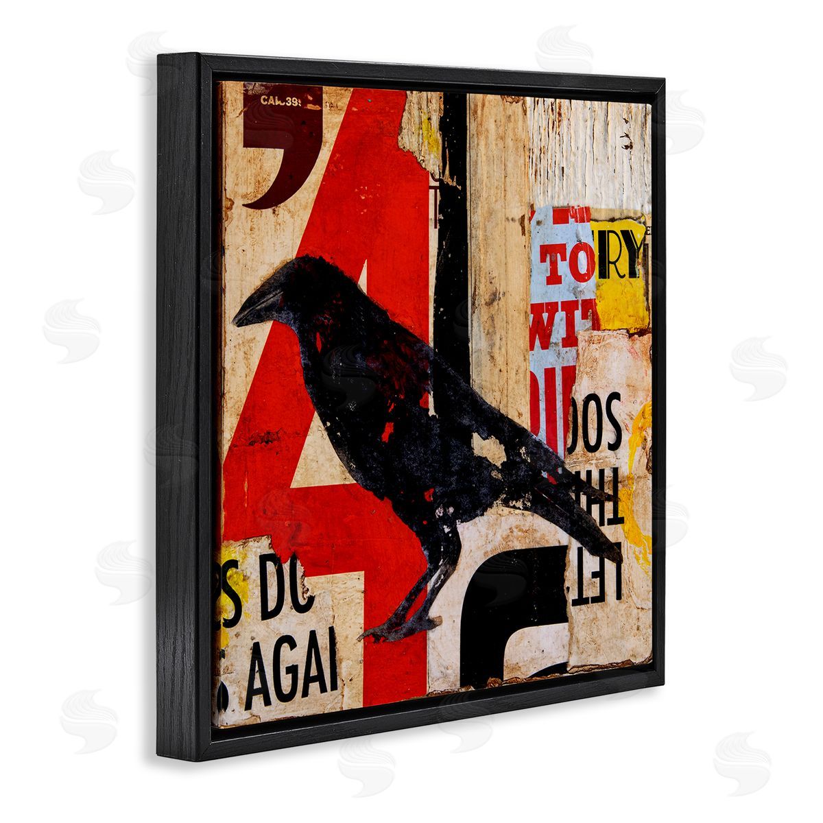 Erin Ashley Stenciled Street Style Black Bird Layered Abstract Words Black Floating Frame Canvas Wall Art Print