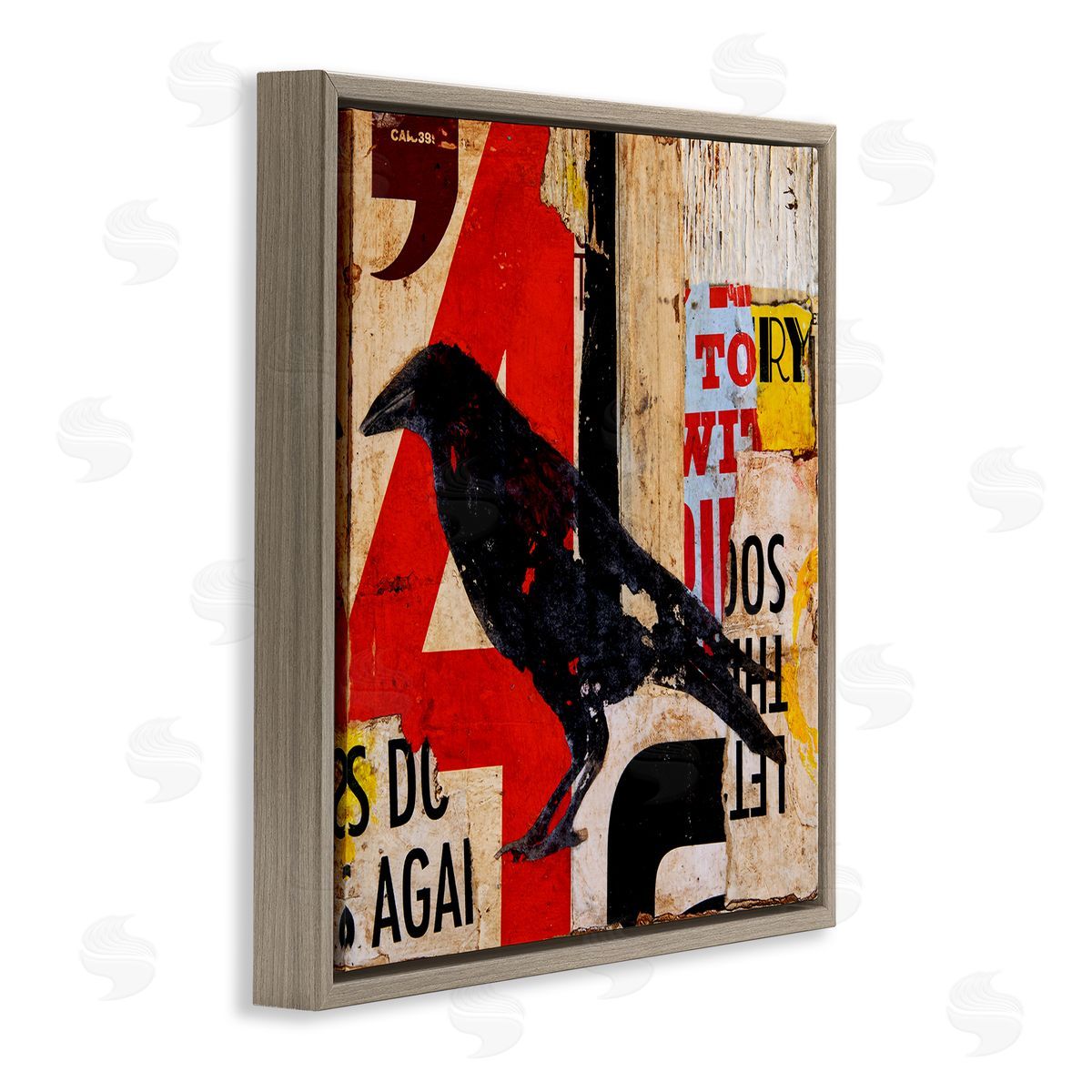 Erin Ashley Stenciled Street Style Black Bird Layered Abstract Words Brown Floating Frame Canvas Wall Art Print