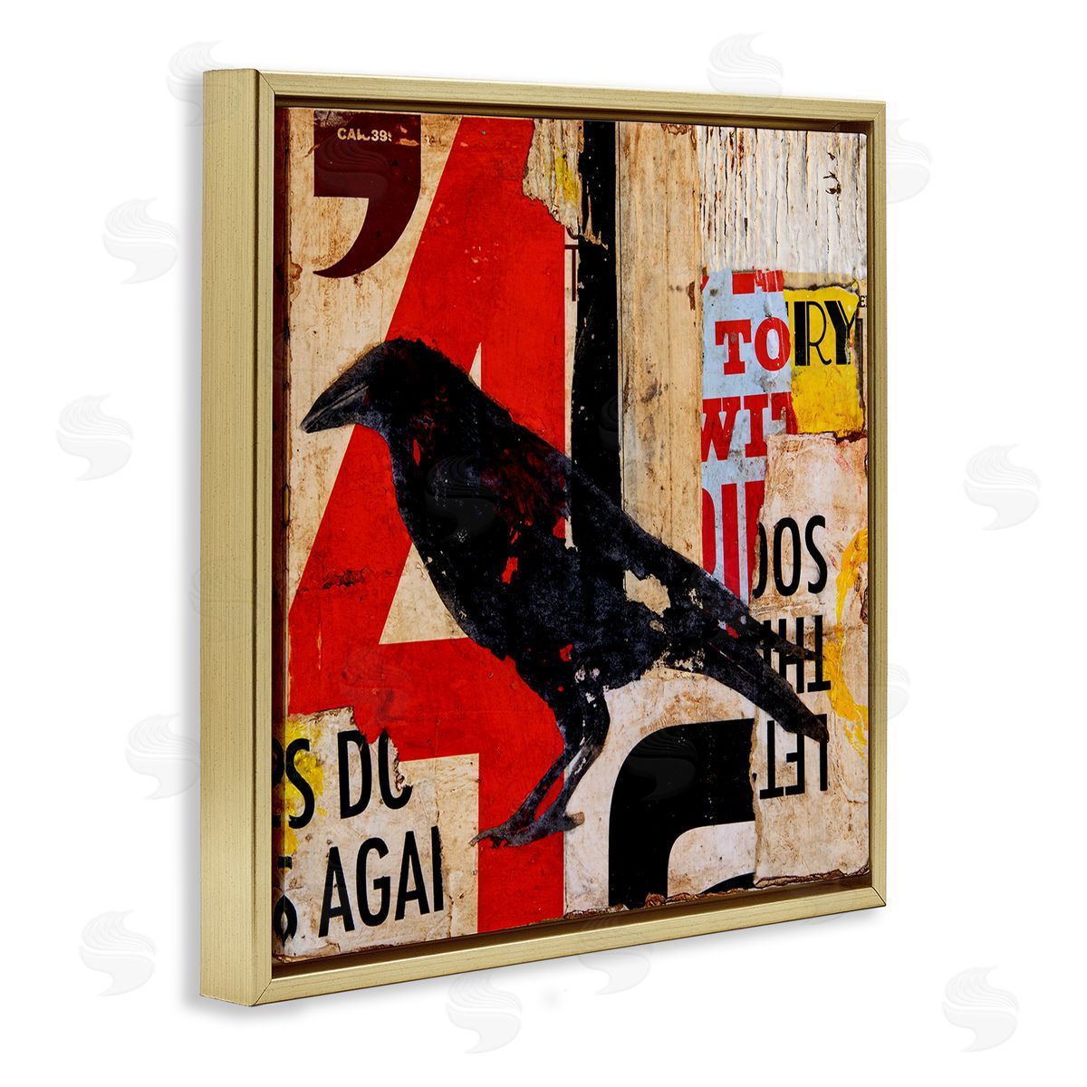 Erin Ashley Stenciled Street Style Black Bird Layered Abstract Words Gold Floating Frame Canvas Wall Art Print