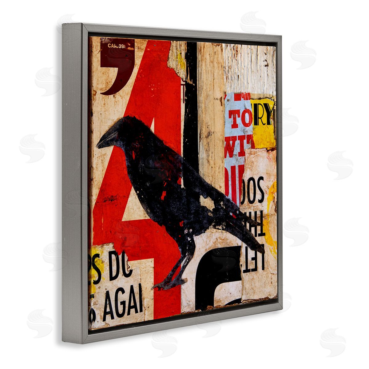 Erin Ashley Stenciled Street Style Black Bird Layered Abstract Words Gray Floating Frame Canvas Wall Art Print
