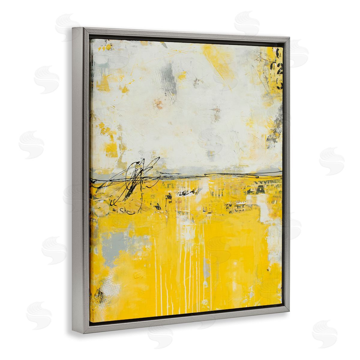 Erin Ashley Yellow Weathered Street Modern Scribble Stencil Gray Floating Frame Canvas Wall Art Print