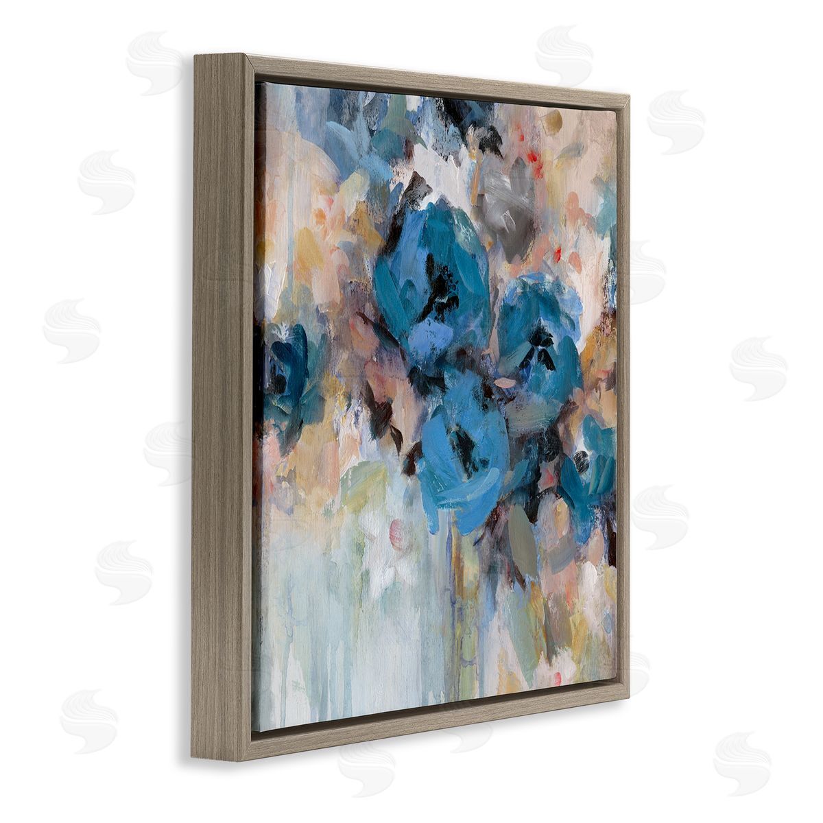 Carol Robinson Contemporary Blue Flowers Arrangement Impressionist Brushstrokes  Brown Floating Frame Canvas Wall Art Print