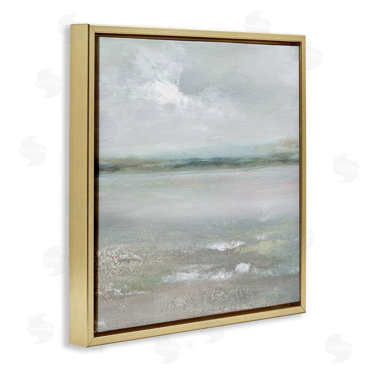 Nan Foggy Abstract Beach Landscape Distant Mountains Clouds   Gold Floating Frame Canvas Wall Art Print