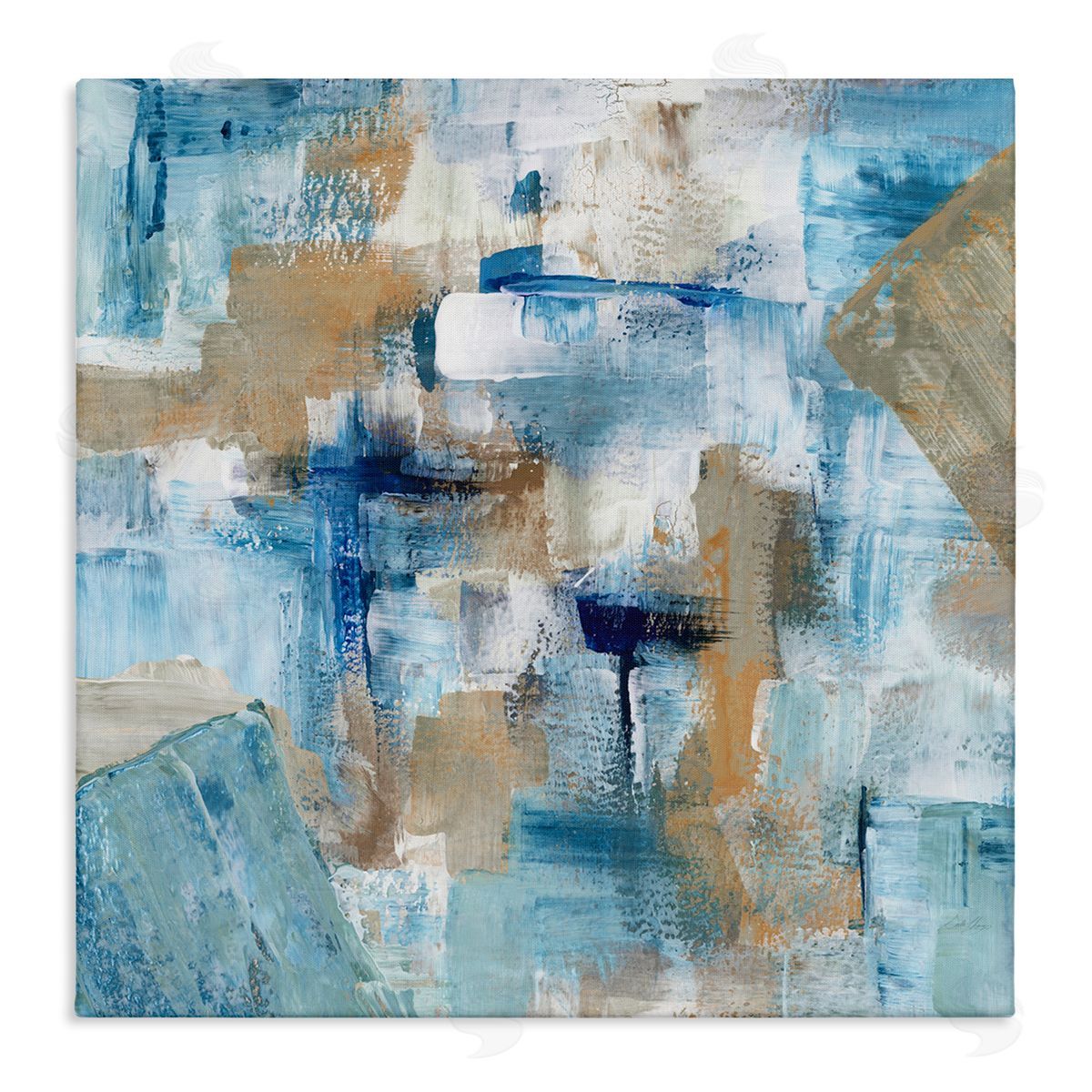 Stella Chang Layered Blue Brown Shapes Blocked Abstract Pattern Stretched Canvas Wall Art Print