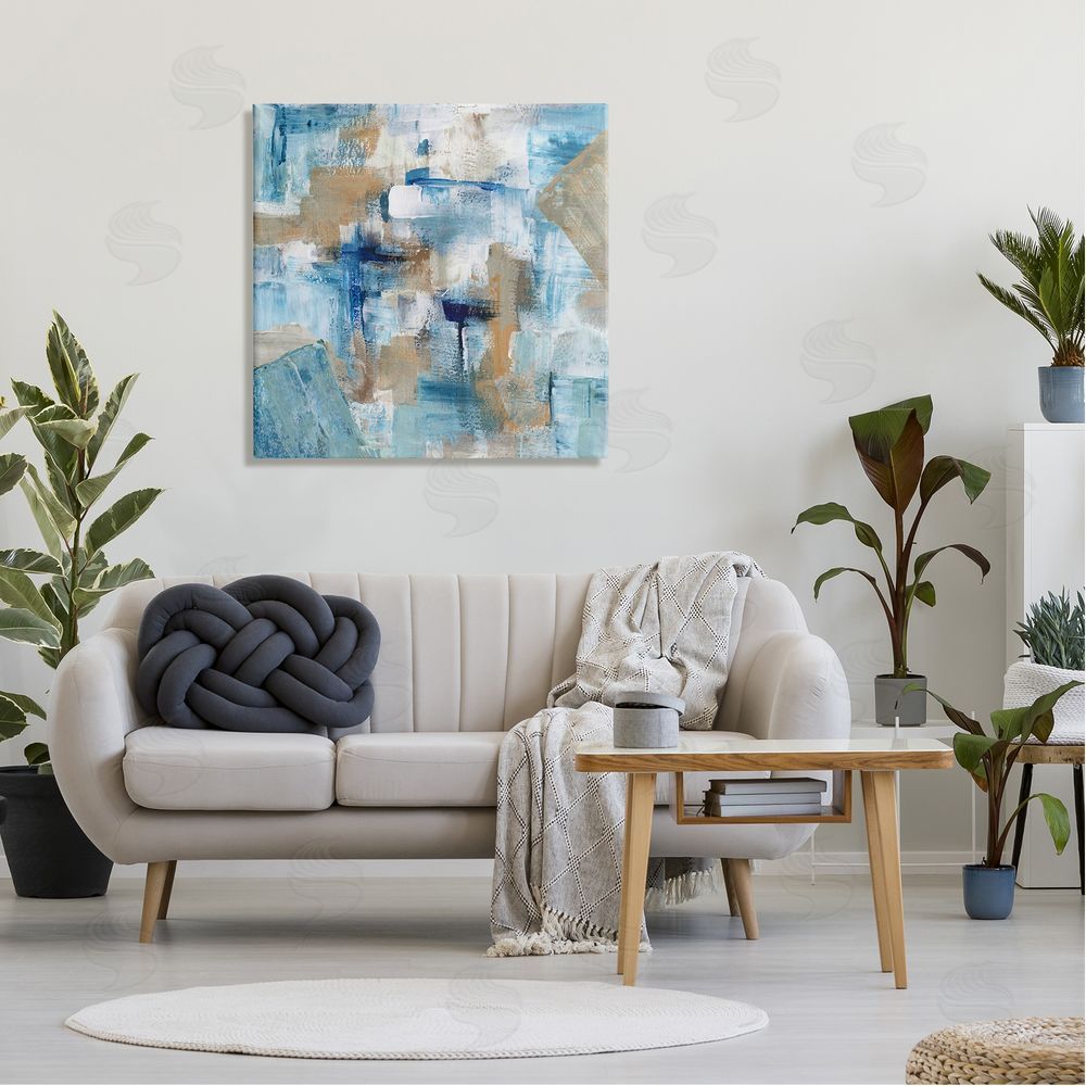 Stella Chang Layered Blue Brown Shapes Blocked Abstract Pattern Canvas Wall Art in Room