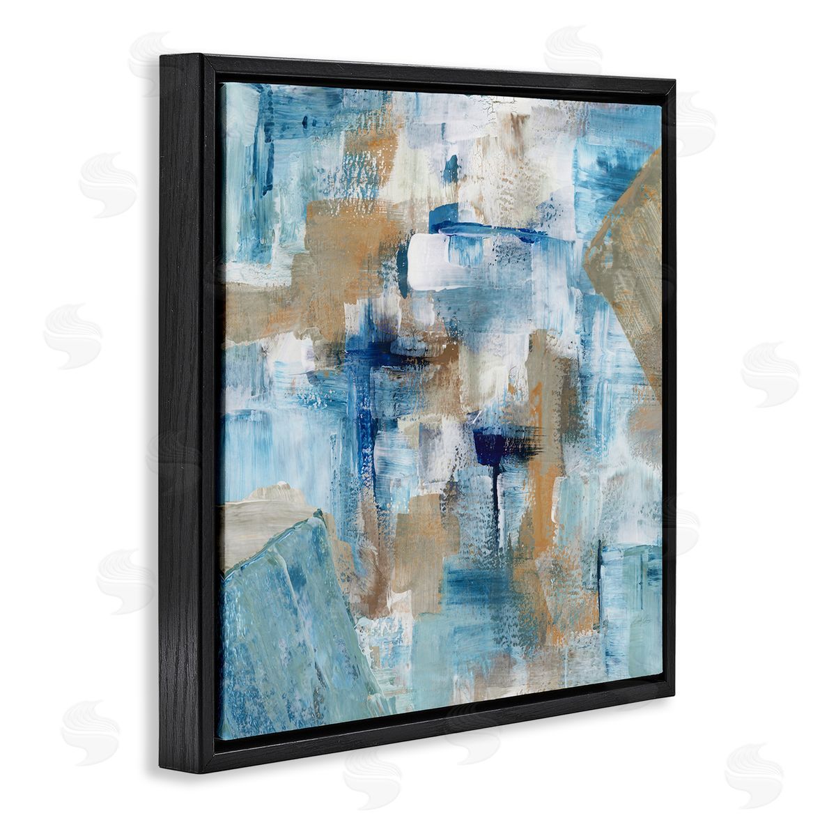 Stella Chang Layered Blue Brown Shapes Blocked Abstract Pattern Black Floating Frame Canvas Wall Art Print