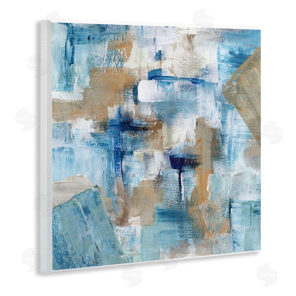 Stella Chang Layered Blue Brown Shapes Blocked Abstract Pattern Wooden Wall Plaque Art Print