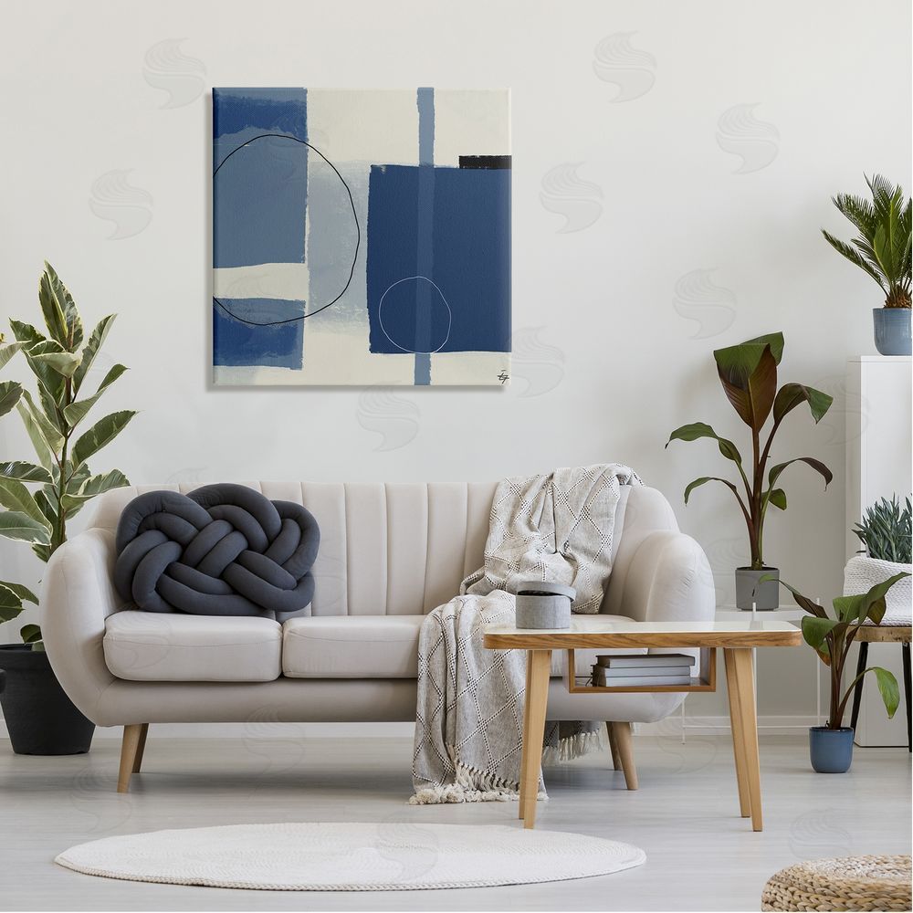 Elizabeth Hale Bold Blue Abstract Geometric Shapes Circles Squares Canvas Wall Art in Room