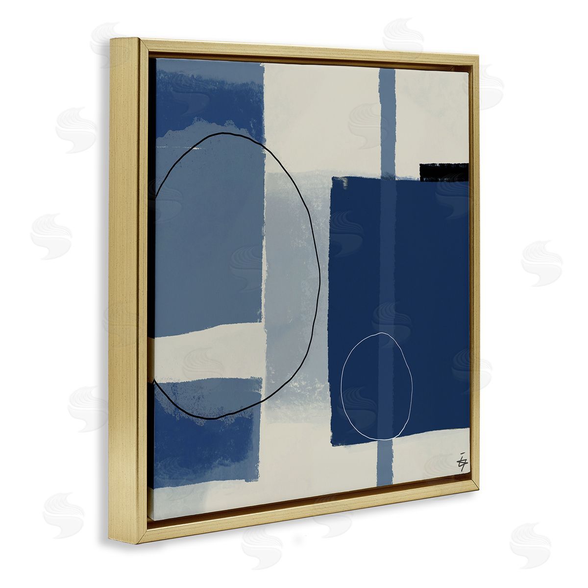Elizabeth Hale Bold Blue Abstract Geometric Shapes Circles Squares Gold Floating Frame Canvas Wall Art Print