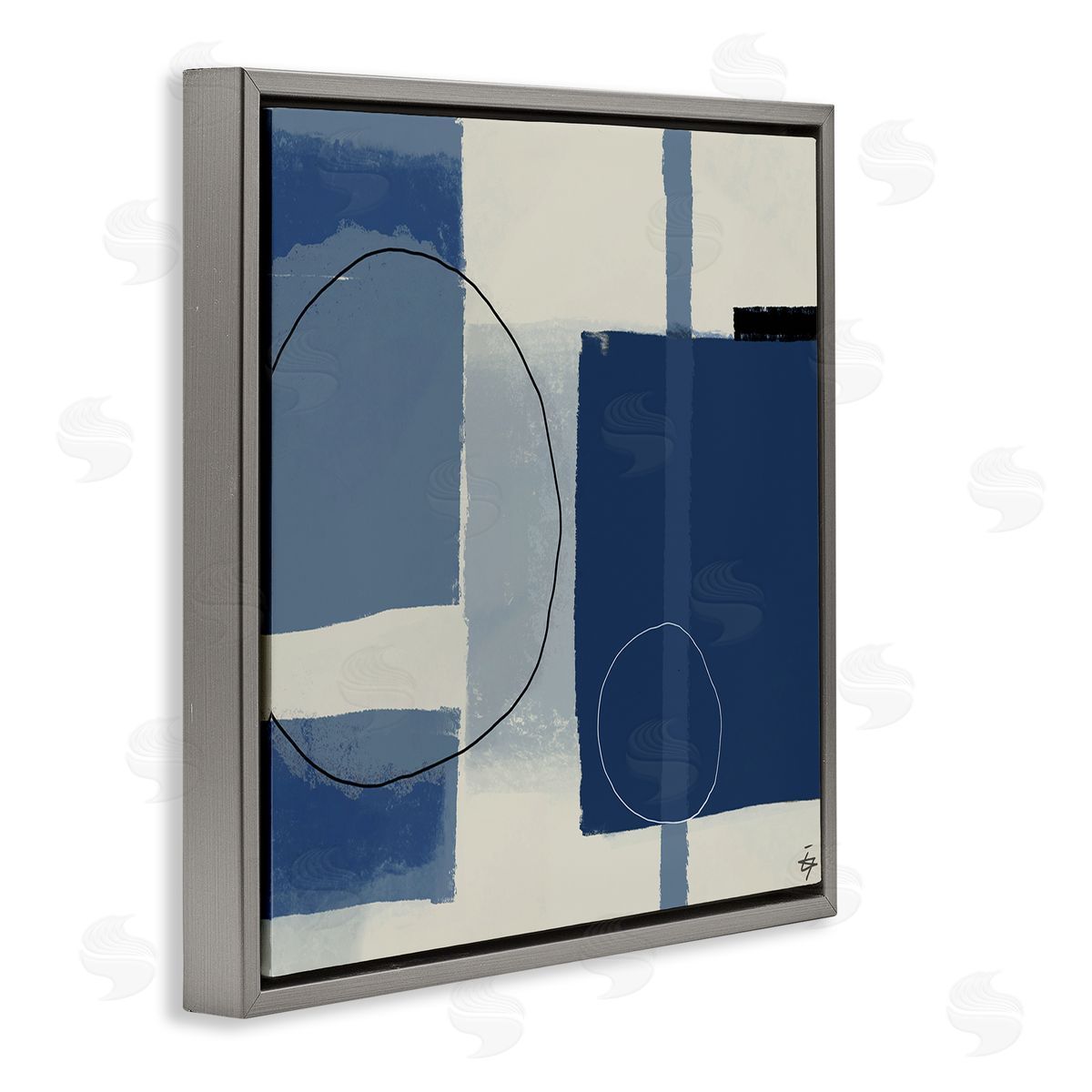 Elizabeth Hale Bold Blue Abstract Geometric Shapes Circles Squares Gray Floating Frame Canvas Wall Art Print