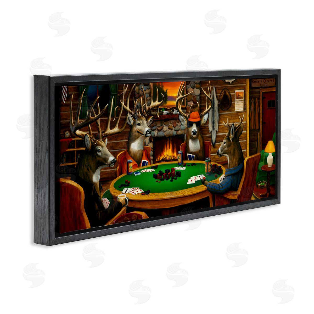 Deer Playing Poker in Lodge Black Floating Frame Canvas Wall Art, Home Decor by Leo Stans