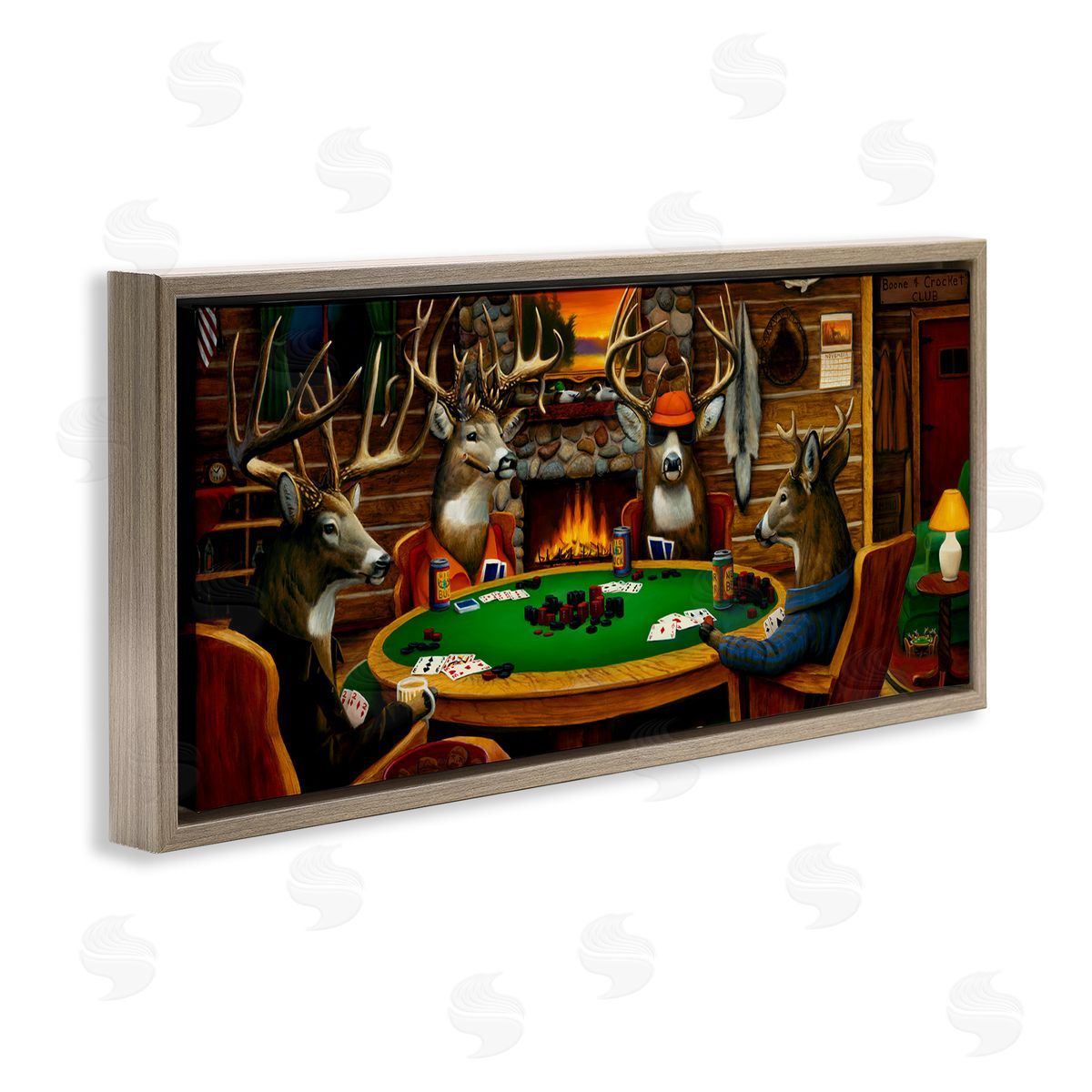 Deer Playing Poker in Lodge Brown Floating Frame Canvas Wall Art, Home Decor by Leo Stans