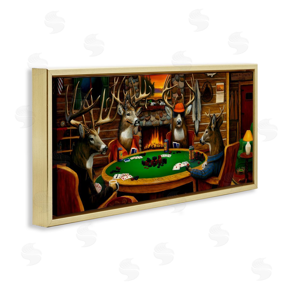 Deer Playing Poker in Lodge Gold Floating Frame Canvas Wall Art, Home Decor by Leo Stans
