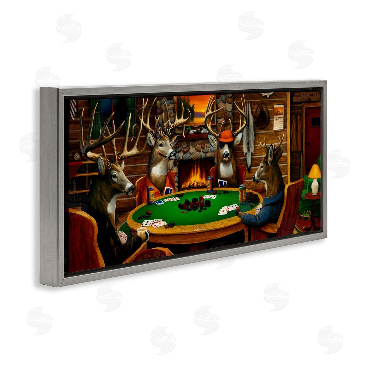 Deer Playing Poker in Lodge Grey Floating Frame Canvas Wall Art, Home Decor by Leo Stans