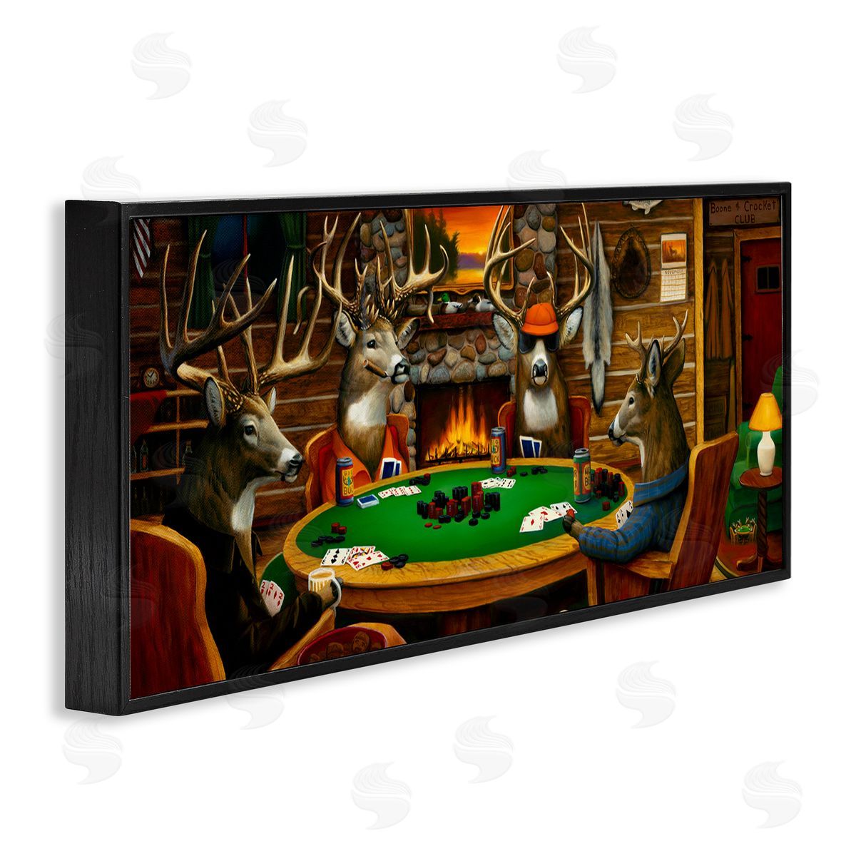 Deer Playing Poker in Lodge Black Frame Print Wall Art, Home Decor by Leo Stans