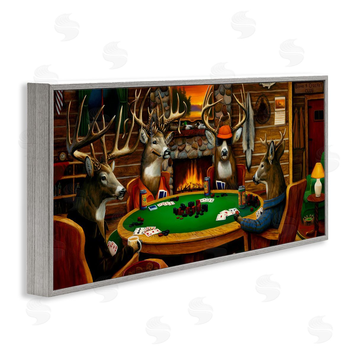 Deer Playing Poker in Lodge Grey Frame Print Wall Art, Home Decor by Leo Stans