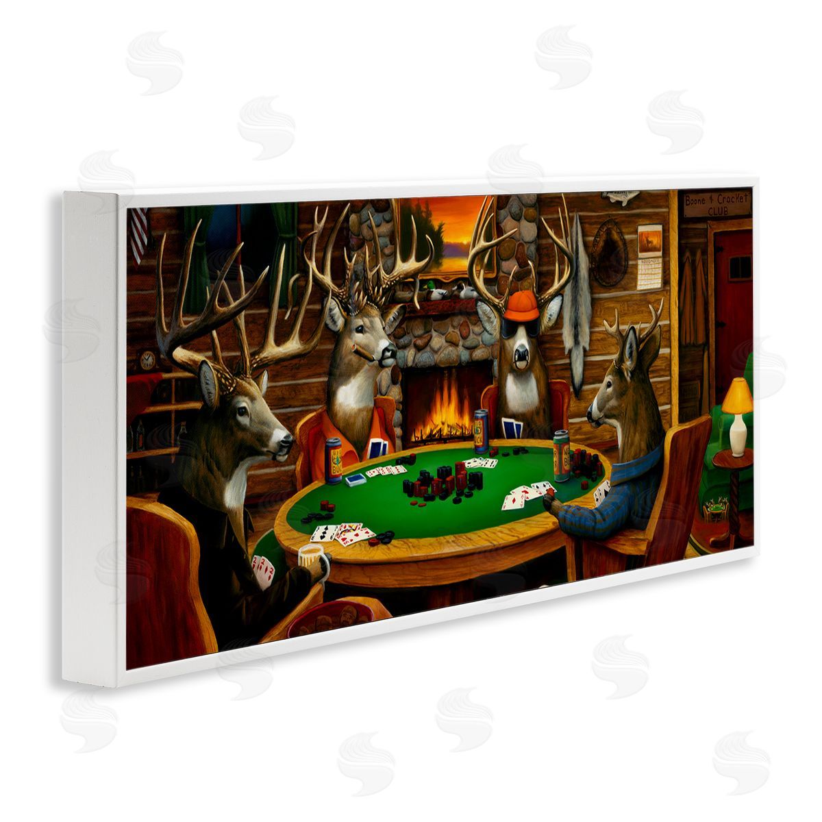Deer Playing Poker in Lodge White Frame Print Wall Art, Home Decor by Leo Stans