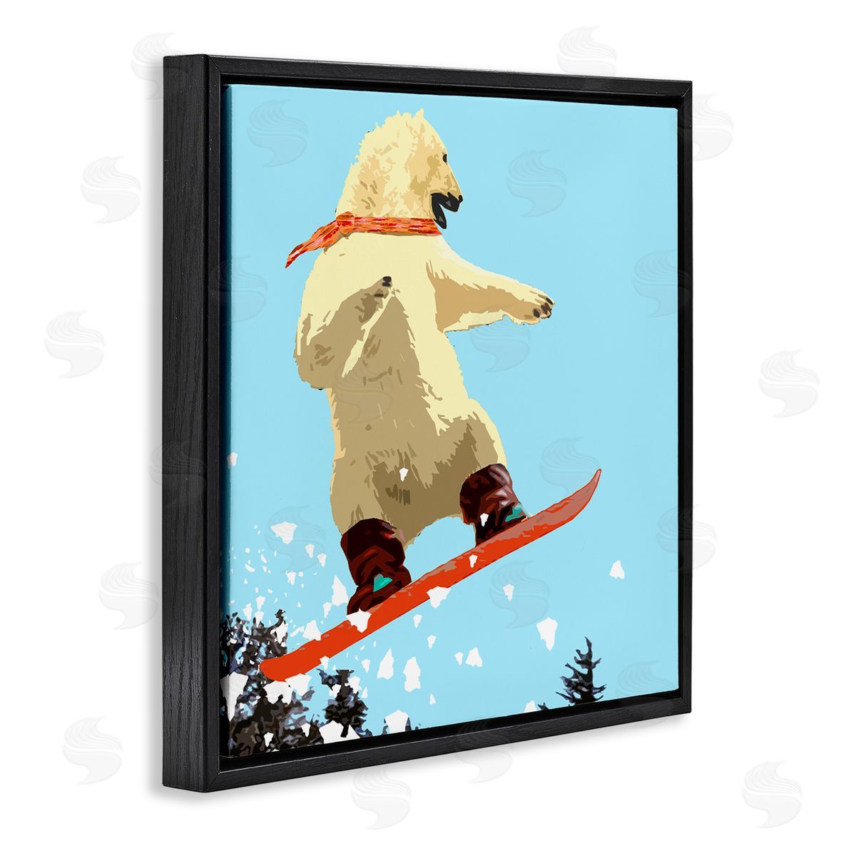 Noah Bay Polar Bear Snowboarding Catching Air Winter Sports Black Floating Frame Canvas Wall Art Print