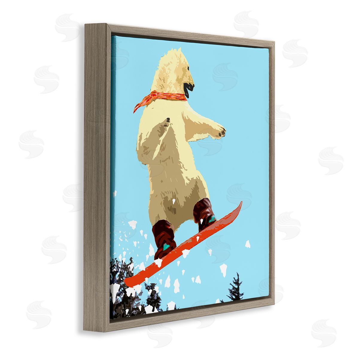 Noah Bay Polar Bear Snowboarding Catching Air Winter Sports Brown Floating Frame Canvas Wall Art Print