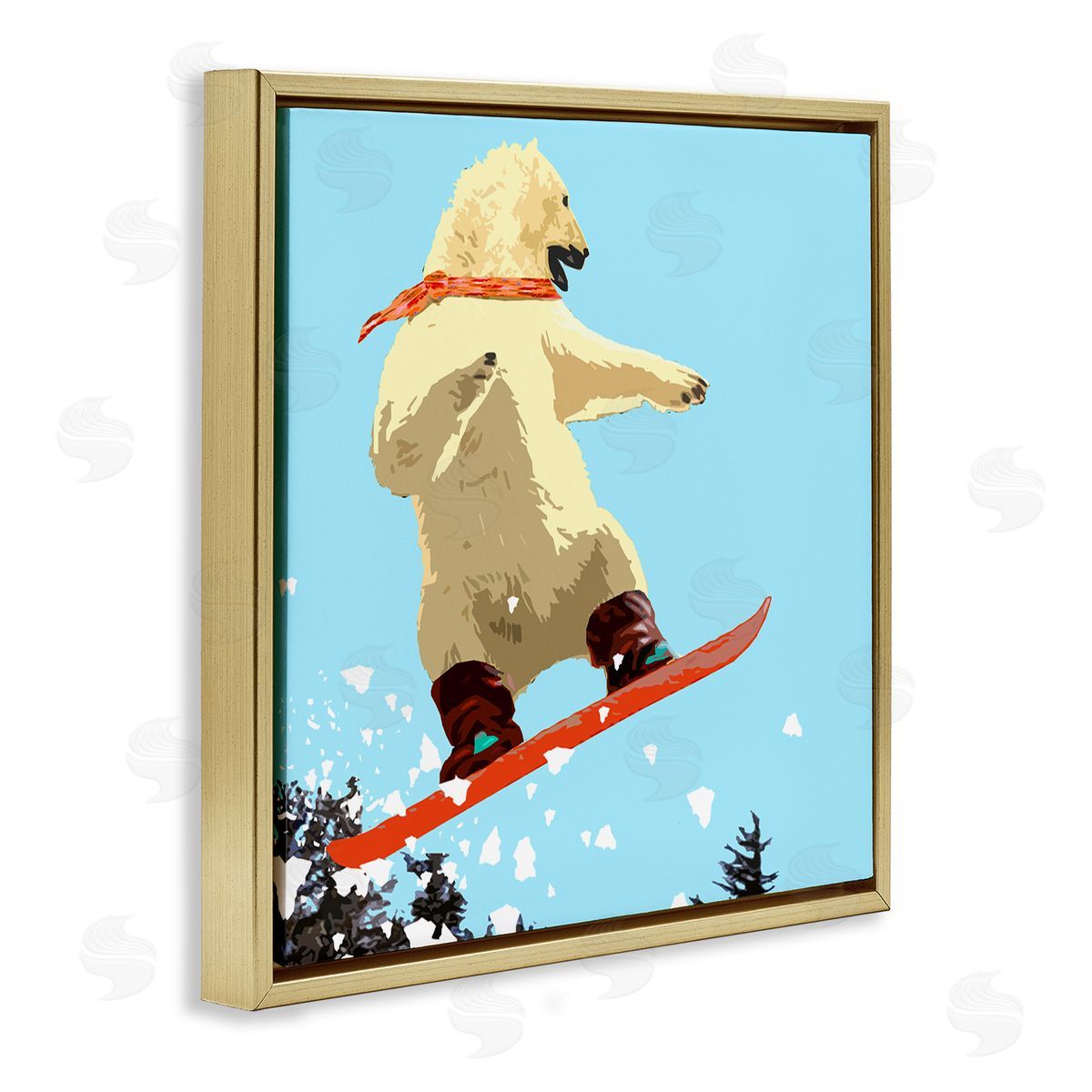 Noah Bay Polar Bear Snowboarding Catching Air Winter Sports Gold Floating Frame Canvas Wall Art Print