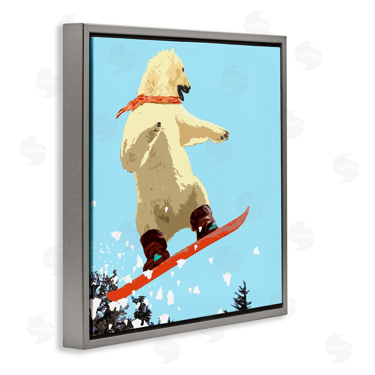 Noah Bay Polar Bear Snowboarding Catching Air Winter Sports Gray Floating Frame Canvas Wall Art Print