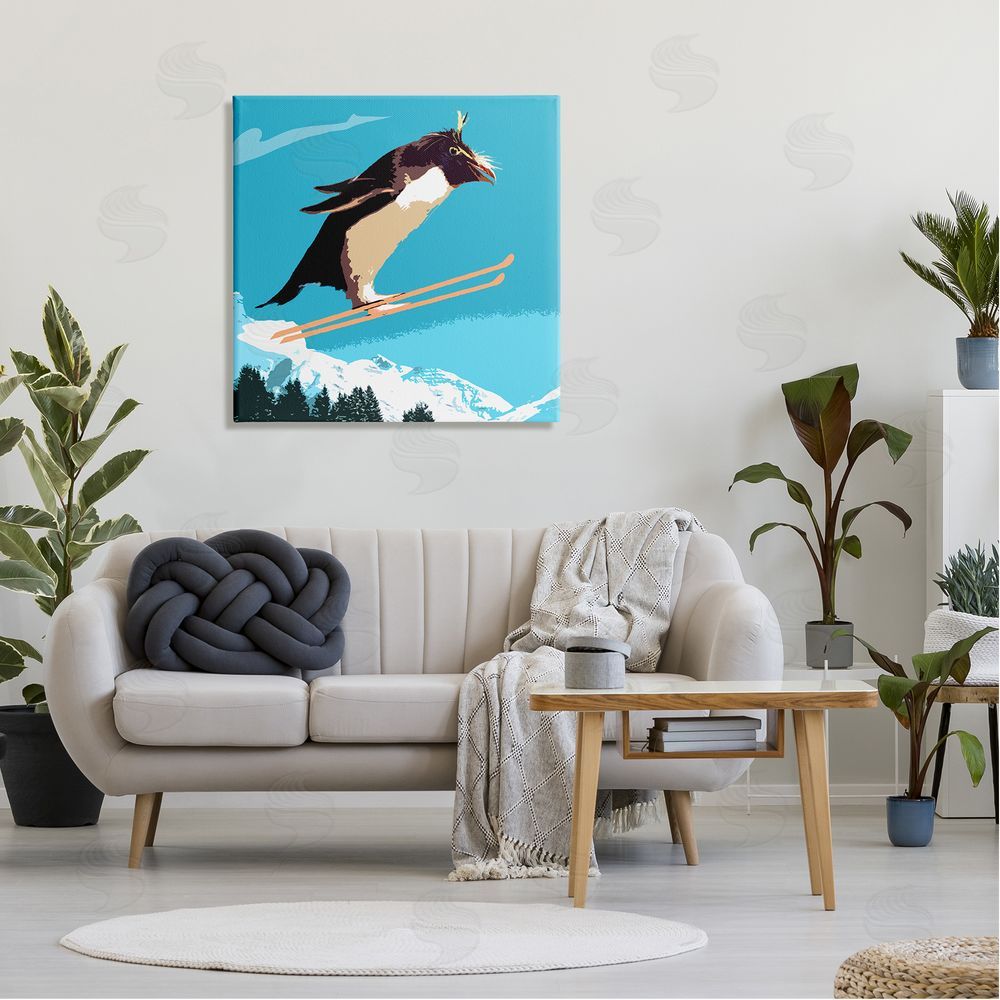 Noah Bay Penguin Skiing Above Trees Winter Sports Illustration Canvas Wall Art in Room