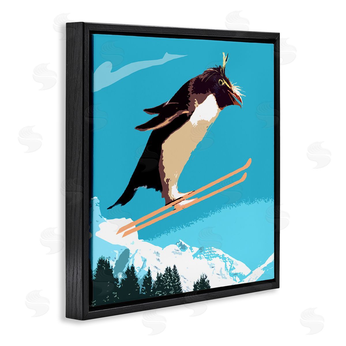 Noah Bay Penguin Skiing Above Trees Winter Sports Illustration Black Floating Frame Canvas Wall Art Print
