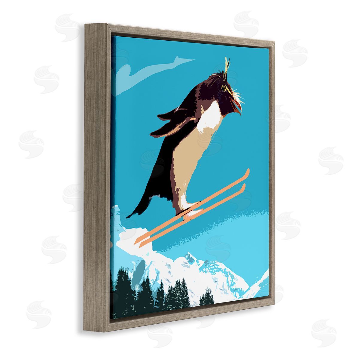 Noah Bay Penguin Skiing Above Trees Winter Sports Illustration Brown Floating Frame Canvas Wall Art Print