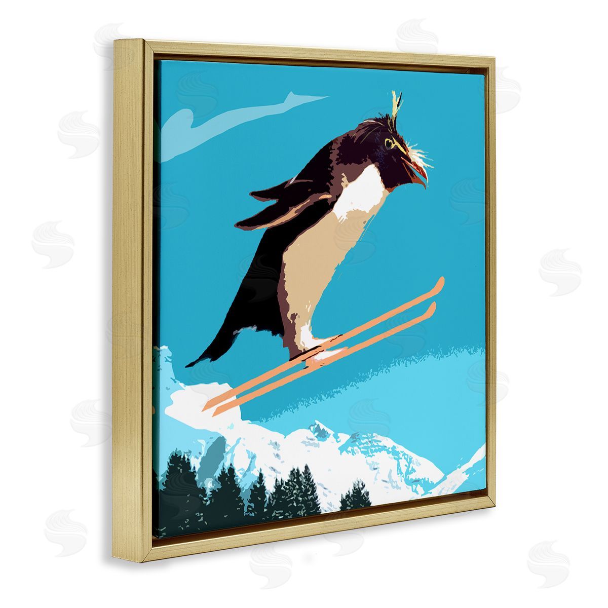 Noah Bay Penguin Skiing Above Trees Winter Sports Illustration Gold Floating Frame Canvas Wall Art Print
