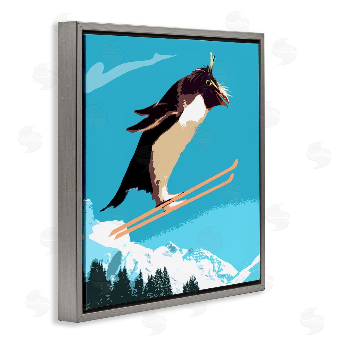 Noah Bay Penguin Skiing Above Trees Winter Sports Illustration Gray Floating Frame Canvas Wall Art Print