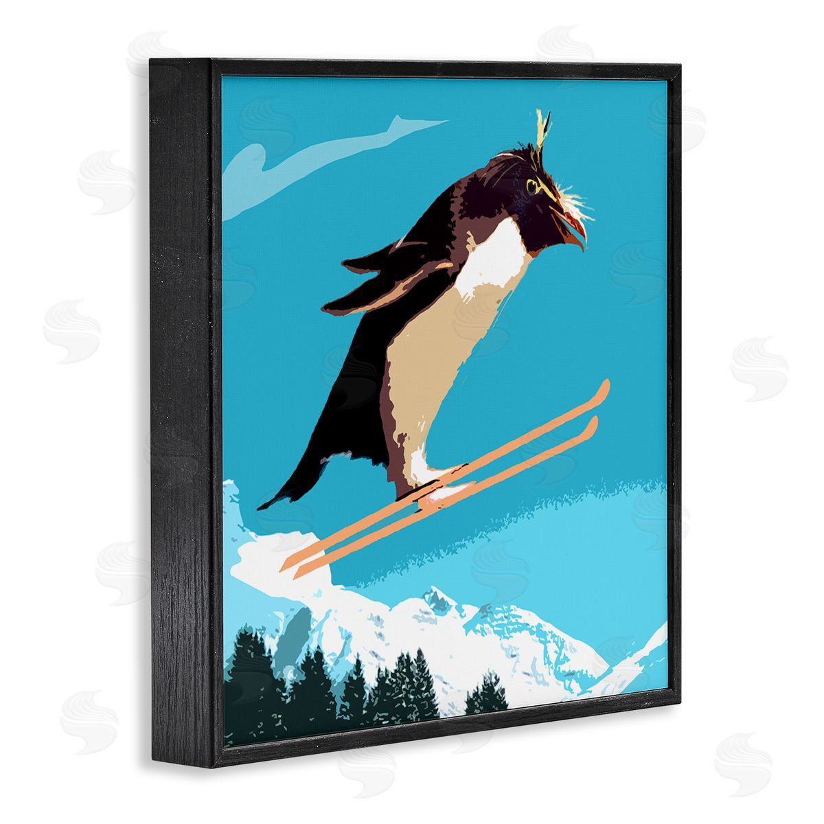 Noah Bay Penguin Skiing Above Trees Winter Sports Illustration Black Framed Glicee Wall Art Print