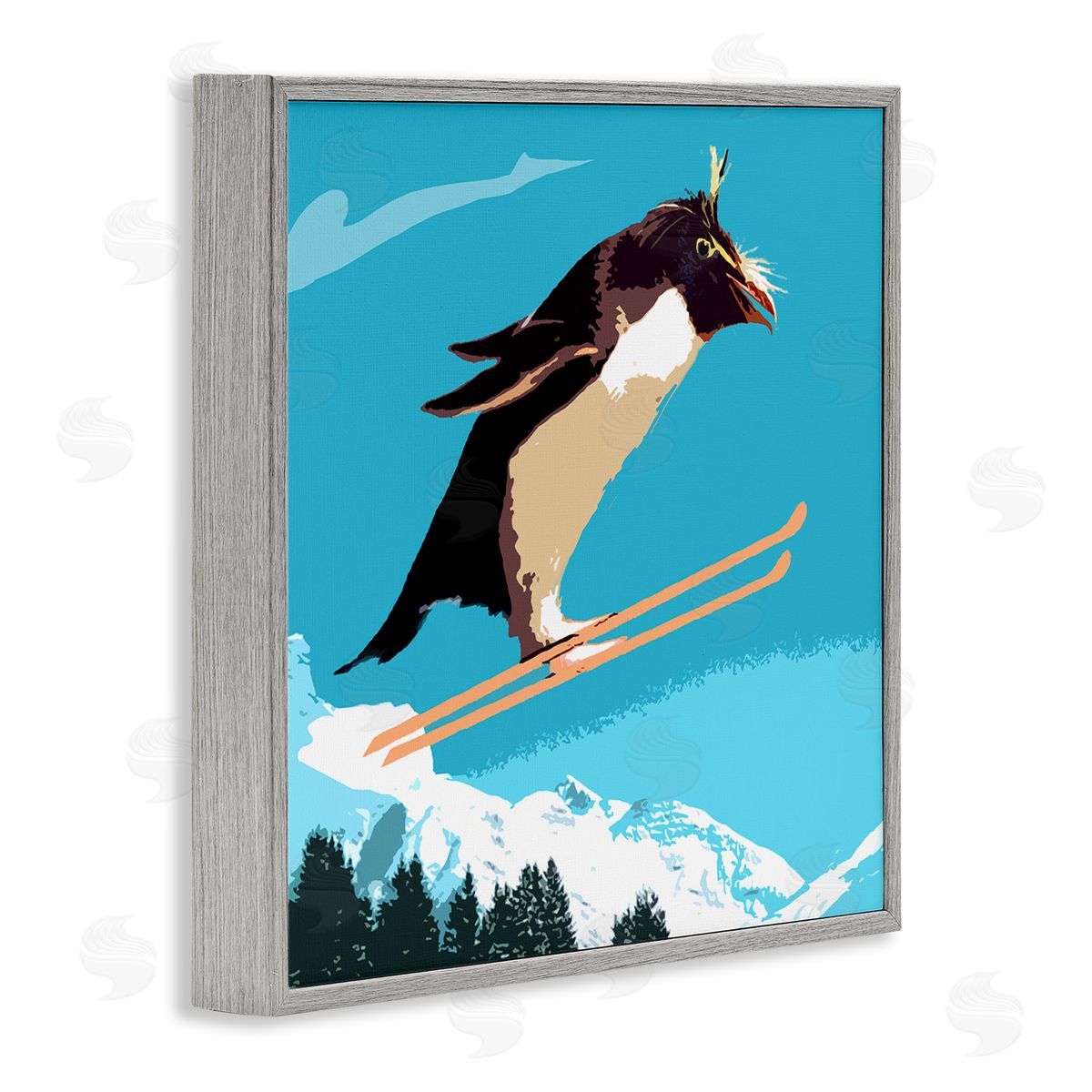 Noah Bay Penguin Skiing Above Trees Winter Sports Illustration Gray Framed Glicee Wall Art Print