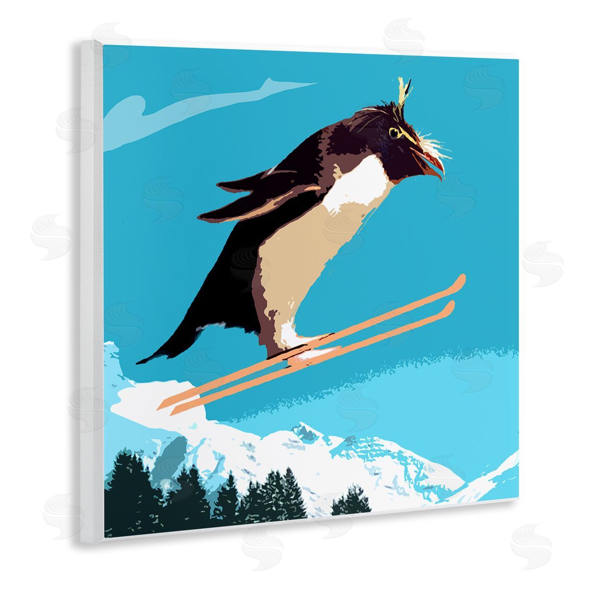 Noah Bay Penguin Skiing Above Trees Winter Sports Illustration Wooden Wall Plaque Art Print