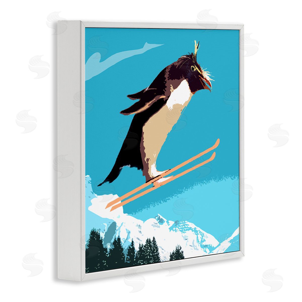 Noah Bay Penguin Skiing Above Trees Winter Sports Illustration White Framed Glicee Wall Art Print