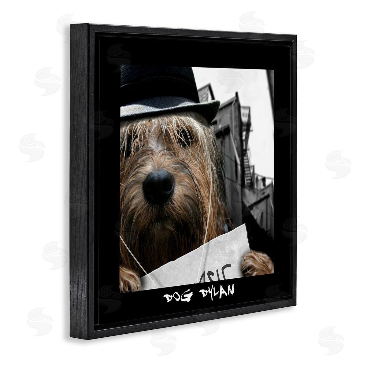 Noah Bay Dog Dylan Funny Musician Wearing Hat Cityscape Black Floating Frame Canvas Wall Art Print