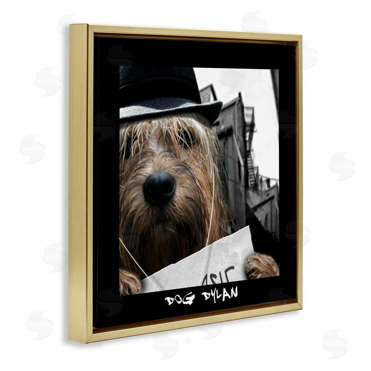 Noah Bay Dog Dylan Funny Musician Wearing Hat Cityscape Gold Floating Frame Canvas Wall Art Print